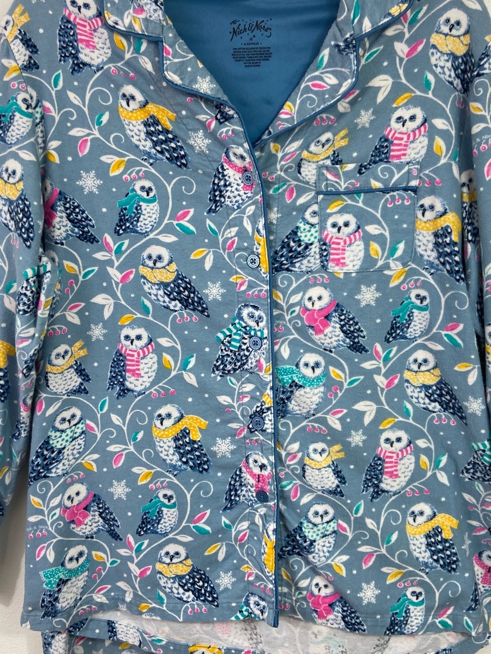Nick and Nora Pajama Set Owls M Blue Cotton Flannel Pockets Arts & Crafts - Picture 2 of 16